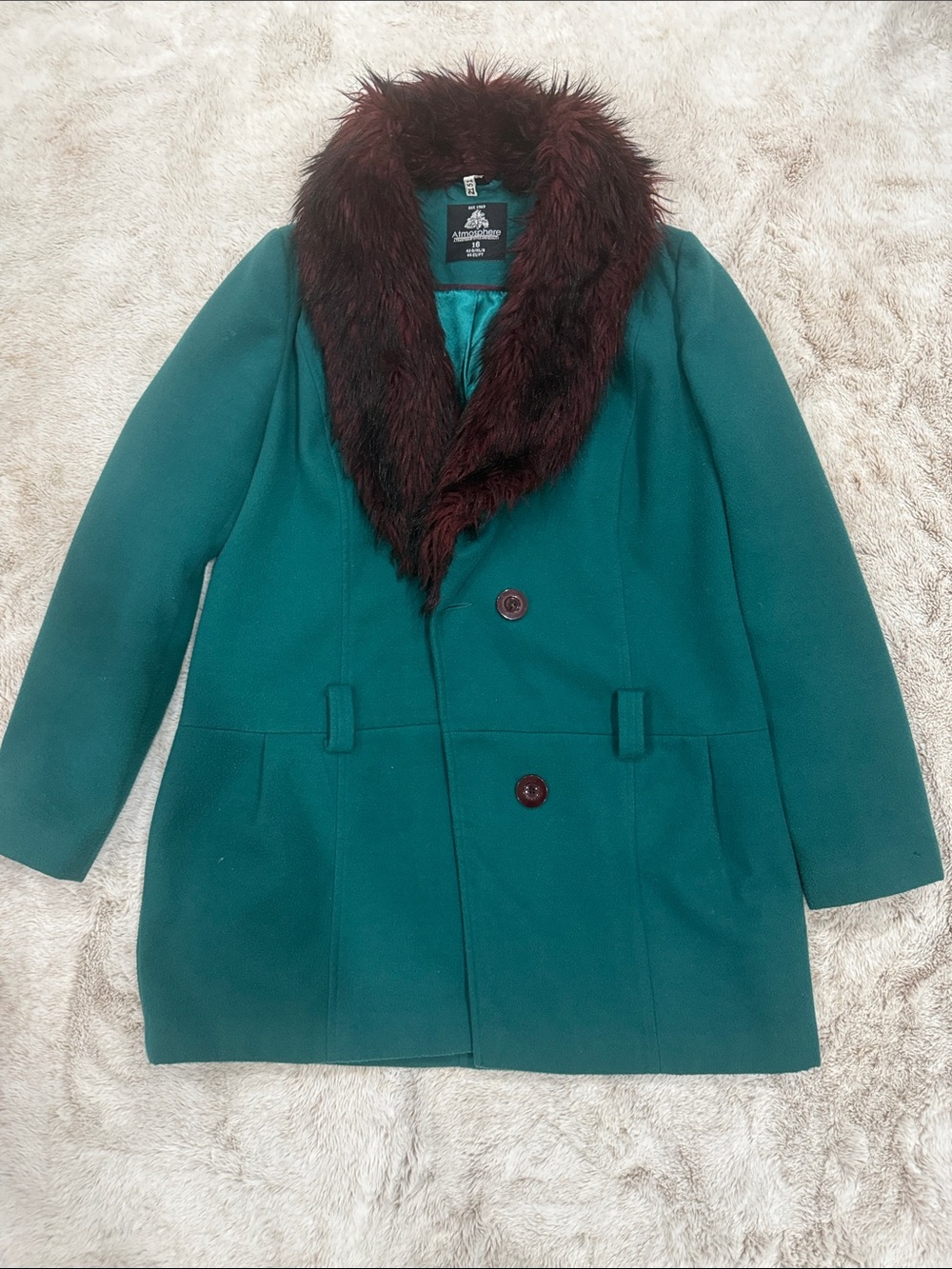 Atmosphere Teal Pea Coat with Burgundy Faux Fur Collar